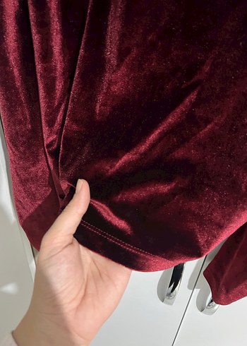 l Beden bordo Renk Bordo Kadife Drapeli Yüksek Yaka Kadın Bluz