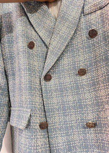 40 Beden mavi Renk Düğmeli Midi Kadın Blazer Ceket