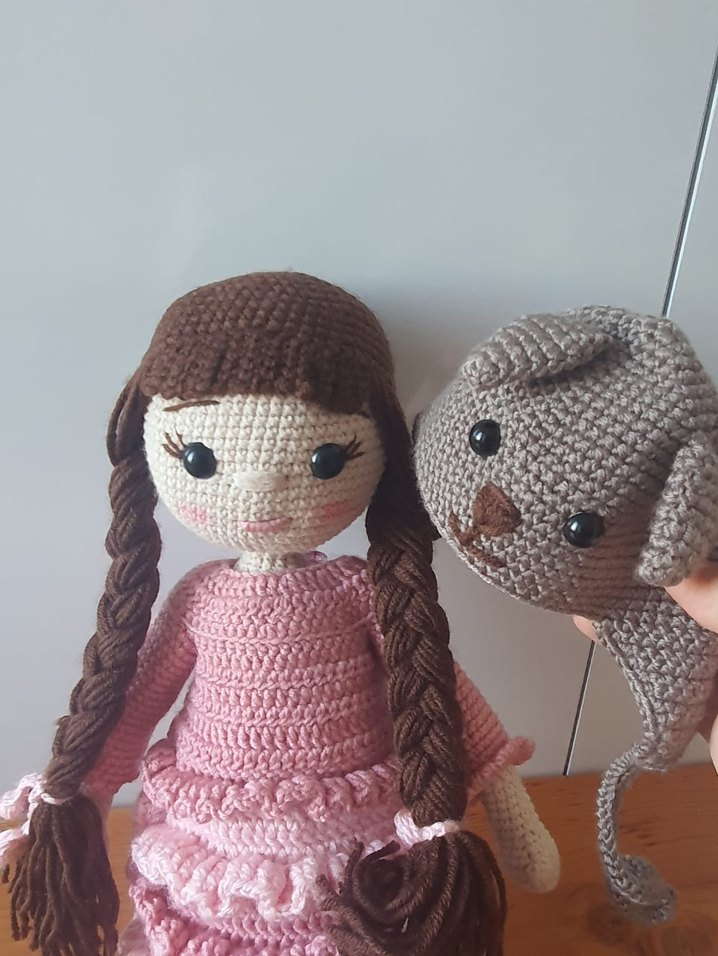 Amigurumi El Örgüsü Pembe Elbiseli Bebek ve Köpek - Görsel 2