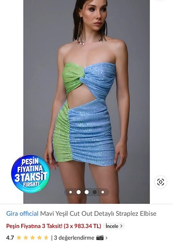 Gira Official Mavi Yeşil Cut Out Straplez Mini Elbise - Görsel 3