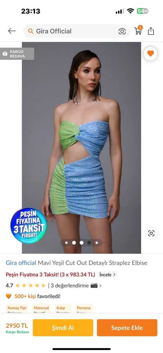 Gira Official Mavi Yeşil Cut Out Straplez Mini Elbise - Görsel 3