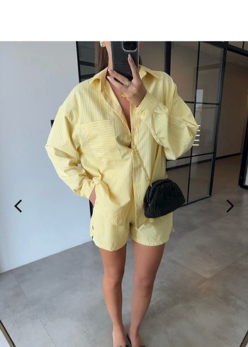 Diğer Pastel Sari Cizgili Oversize Kisa Sort Takimi