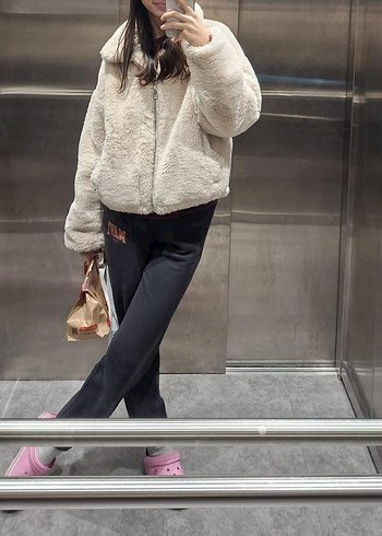 Bej Peluş Kadın Peluş Mont Midi Boy, Rahat Kesim - Görsel 5