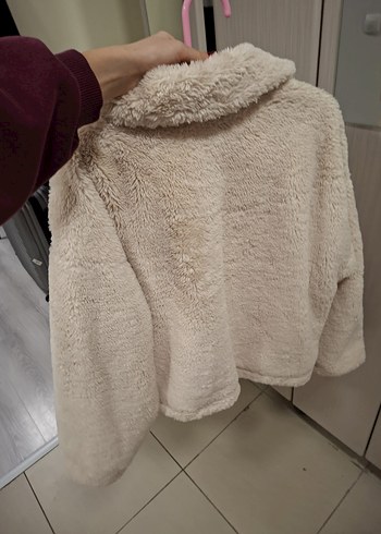 Bej Peluş Kadın Peluş Mont Midi Boy, Rahat Kesim - Görsel 4