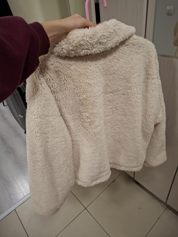 Bej Peluş Kadın Peluş Mont Midi Boy, Rahat Kesim - Görsel 4