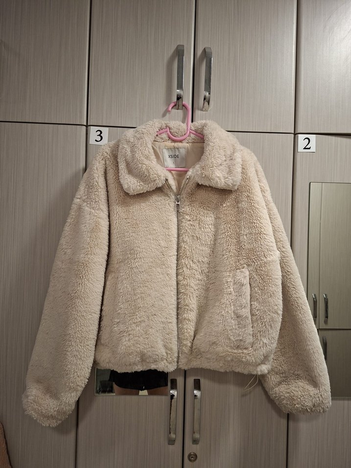 Bej Peluş Kadın Peluş Mont Midi Boy, Rahat Kesim - Görsel 2