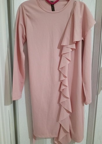 Pembe Uzun Kollu Fırfırlı Kadın Tunik ve Pantolon