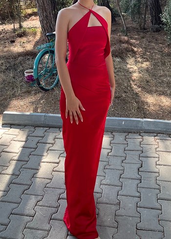 xs Beden Kırmızı Drapeli Uzun Abiye Elbise