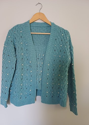 LC Waikiki inci işlemeli turkuaz crop bluz hırka örme triko kadın takım