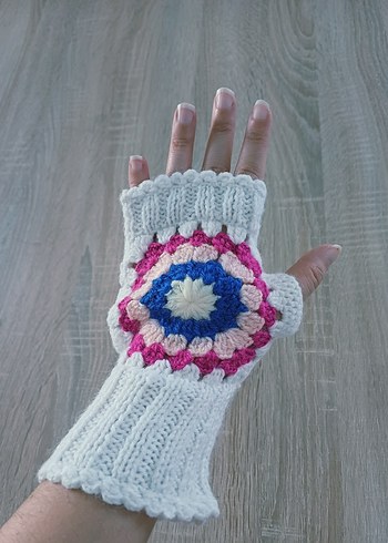 beyaz motifli Örgü Bohem Kadın Eldiveni - Görsel 3