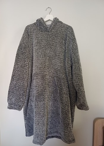 Gri kırçıllı kapüşonlu Rahat wellsoft oversize Kadın Ev Elbisesi - Görsel 2