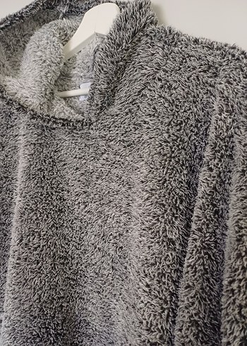 Gri kırçıllı kapüşonlu Rahat wellsoft oversize Kadın Ev Elbisesi - Görsel 5