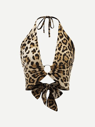 LEOPAR DESENLİ HALKA DETAYLI CROP BLUZ