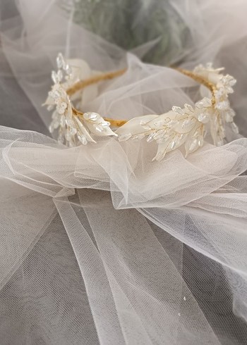 Beyaz Boncuklu Bohem nişan düğün tacı - Görsel 2