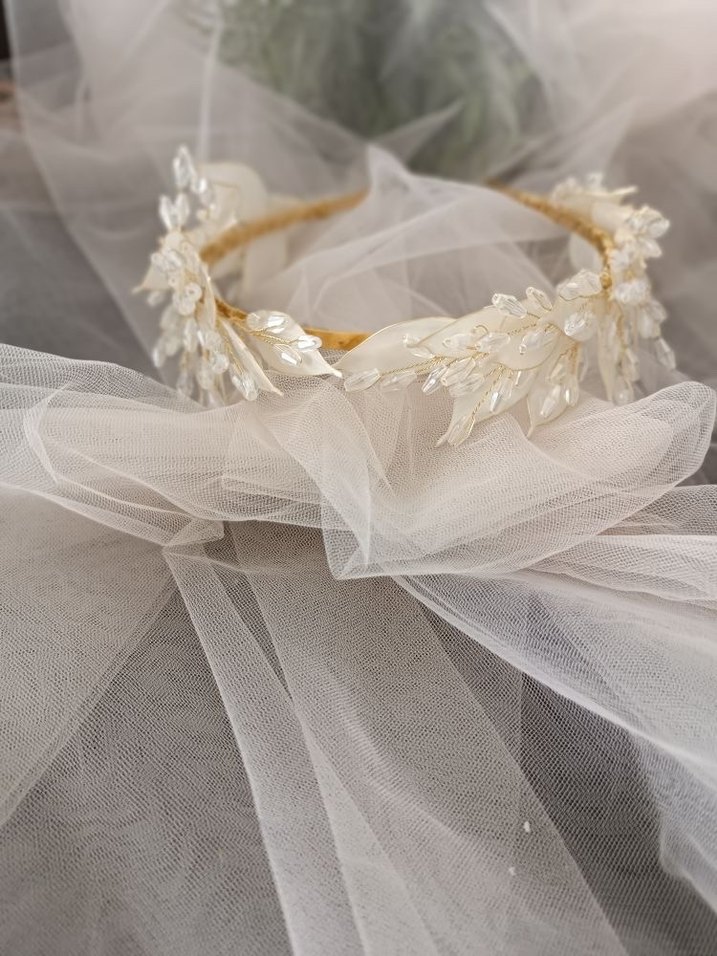 Beyaz Boncuklu Bohem nişan düğün tacı - Görsel 2