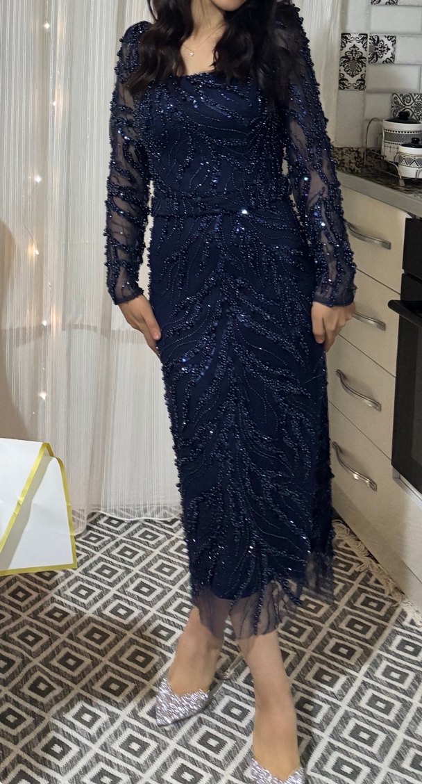 Boncuk İşlemeli Lacivert Uzun Abiye Elbise - Görsel 2