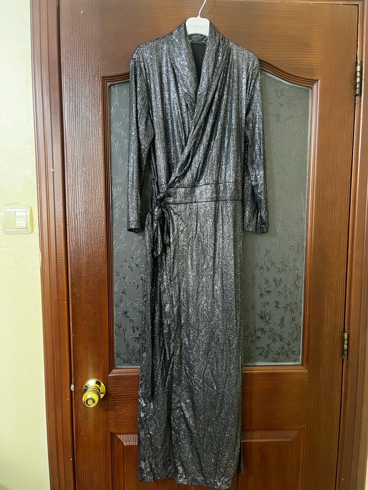 Gri Simli Belden Bağlamalı Elbise - Görsel 2