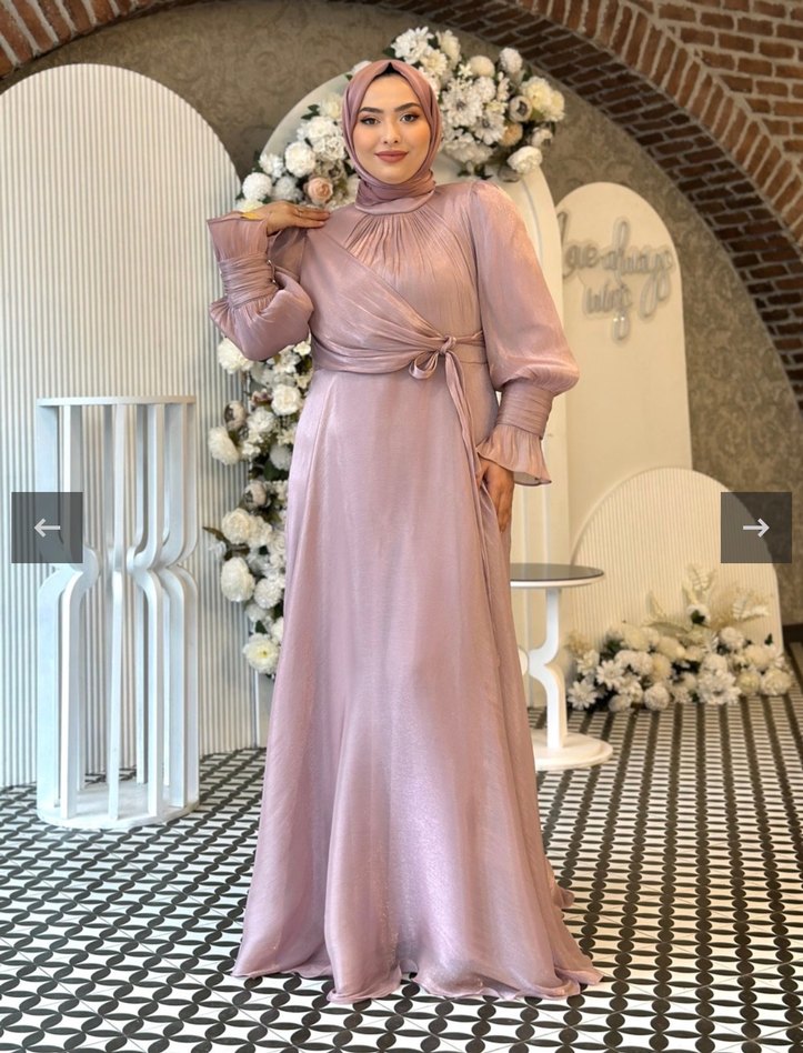 Uzun Kollu, Yüksek Yakalı Drapeli Abiye Elbise - Görsel 2