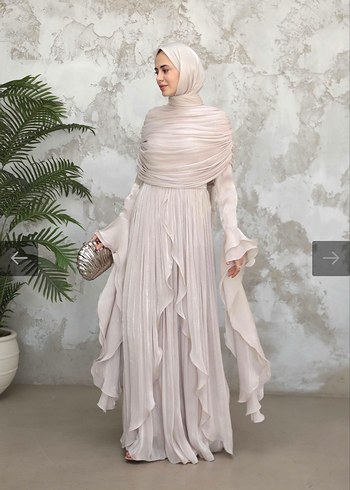 Bej Uzun Kollu Bohem Abiye Elbise - Görsel 4