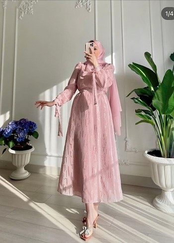 Pembe Uzun Kollu Şifon Abiye Elbise - Görsel 3