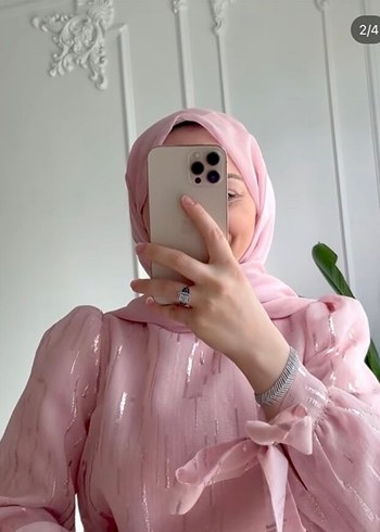 Pembe Uzun Kollu Şifon Abiye Elbise - Görsel 2