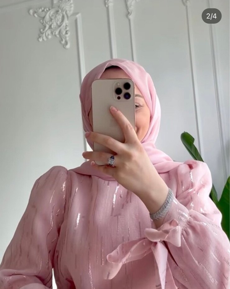 Pembe Uzun Kollu Şifon Abiye Elbise - Görsel 2