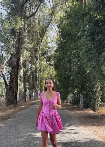 Pembe Drapeli Mini Bohem Elbise - Görsel 3