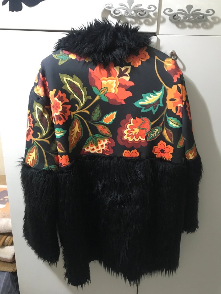 Çiçek Desenli Bohem Midi Kürklü Kadın Mont - Görsel 2