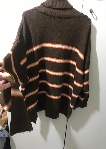 Kadın Kahverengi Boğazlı Çizgili Triko Kazak - Görsel 4