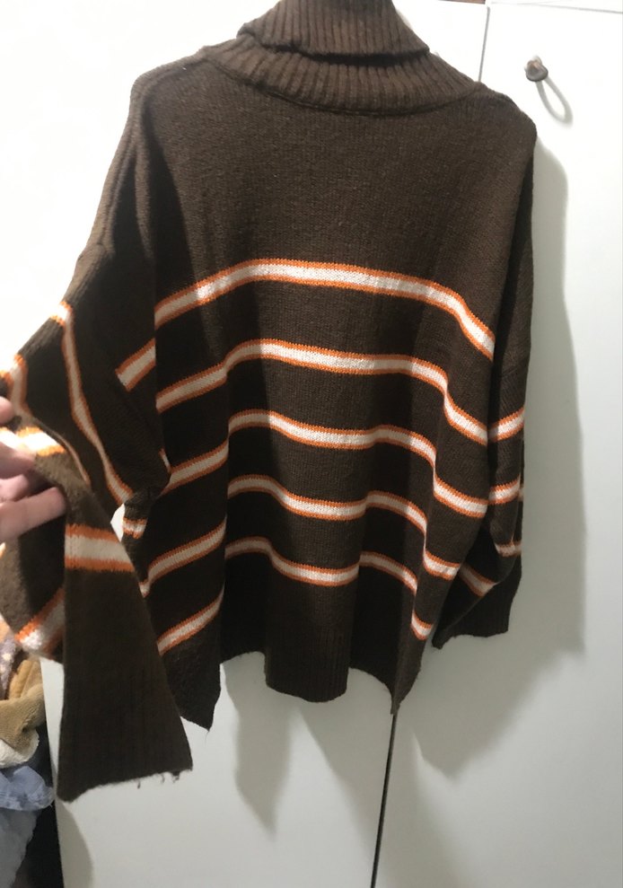 Kadın Kahverengi Boğazlı Çizgili Triko Kazak - Görsel 4