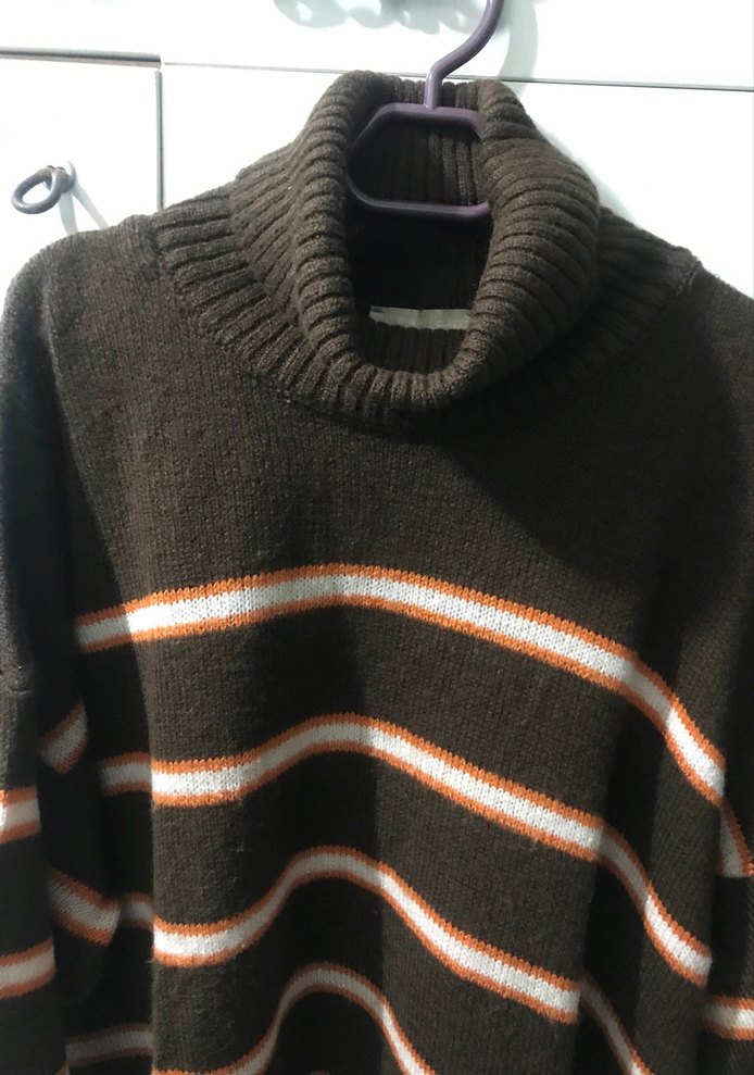 Kadın Kahverengi Boğazlı Çizgili Triko Kazak - Görsel 2