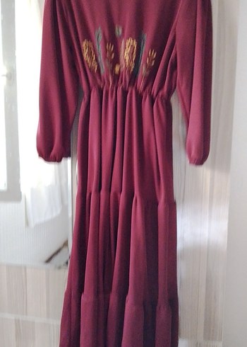 Diger Bordo Nakışlı Uzun Bohem Elbise