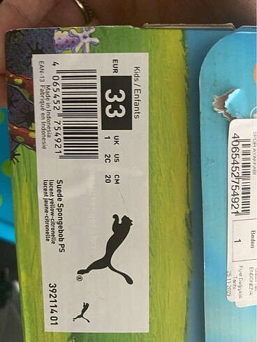 33 Beden sarı Renk Puma spongebob özel seri 33 numara