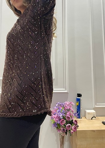 El Örgüsü Kahverengi Parlak Kadın Kazak - Görsel 3