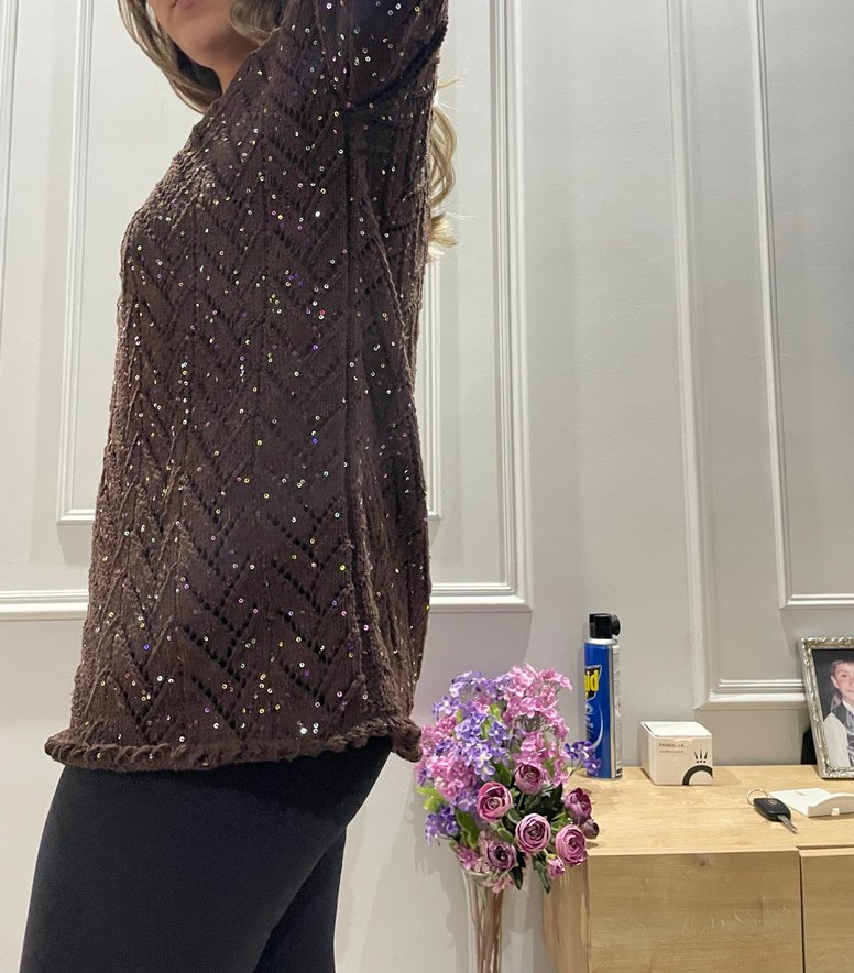 El Örgüsü Kahverengi Parlak Kadın Kazak - Görsel 3