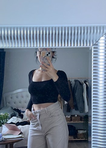 Addax Siyah, Uzun Kollu, Midi Crop Top