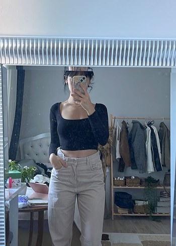 xs Beden siyah Renk Siyah, Uzun Kollu, Midi Crop Top