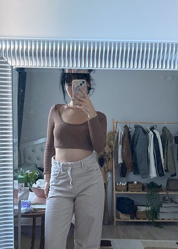 Addax Bej Uzun Kollu Crop Top
