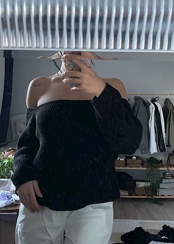 Diğer Siyah Straplez Midi Örgü Kadın Kazak