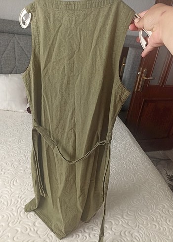 s Beden haki Renk Düğmeli Keten Bohem Elbise