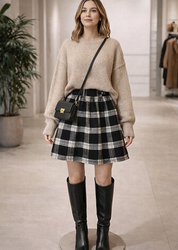 Ekose Desenli Bej Triko Mini Etek - Görsel 2