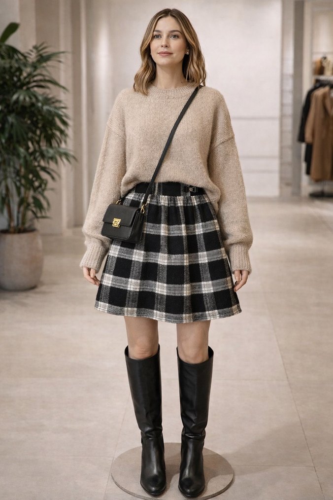 Ekose Desenli Bej Triko Mini Etek - Görsel 2