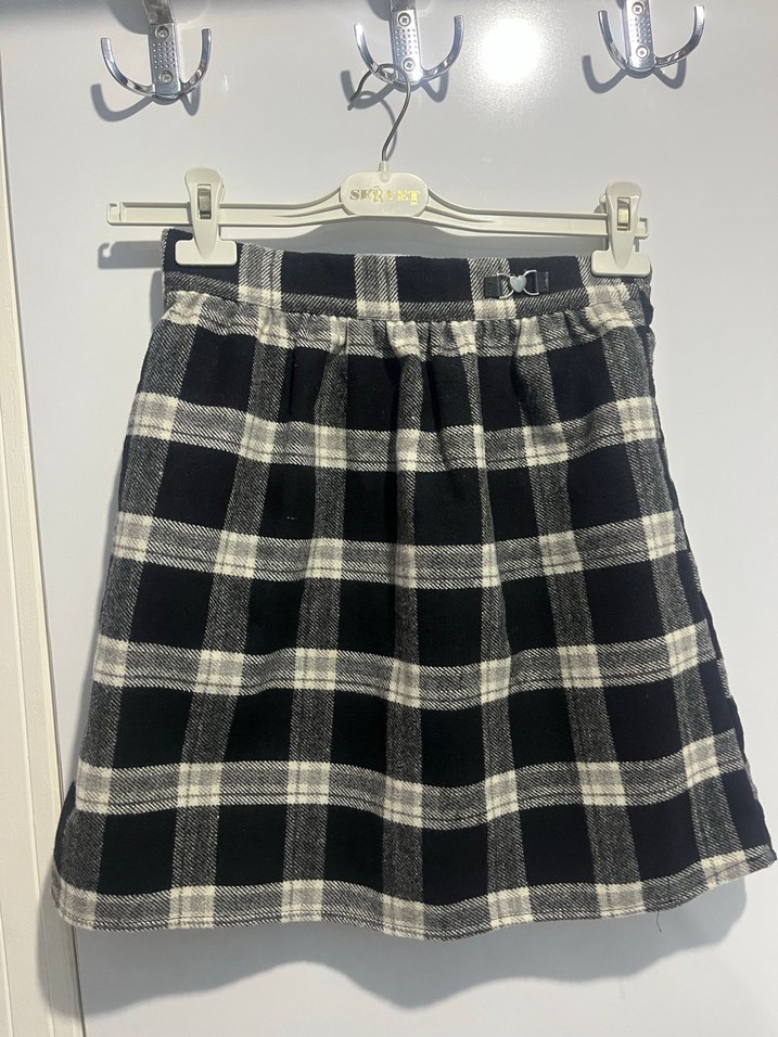 Ekose Desenli Bej Triko Mini Etek - Görsel 4