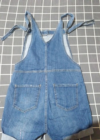 Kadın Mavi Denim Askılı Şort Tulum - Görsel 7