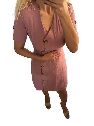 PEMBE DÜĞMELİ BAYAN ELBİSE - Görsel 5