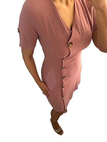 PEMBE DÜĞMELİ BAYAN ELBİSE - Görsel 7