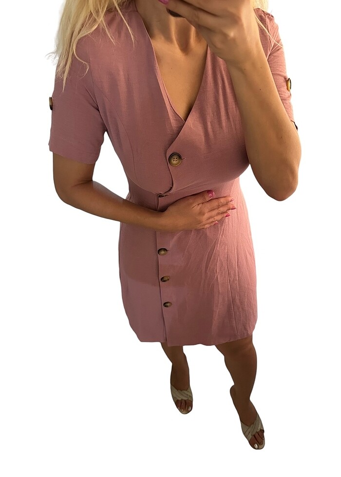 PEMBE DÜĞMELİ BAYAN ELBİSE - Görsel 5