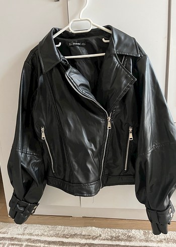 Diğer Siyah Deri Biker Ceket, Fermuarlı, Dar Kesim