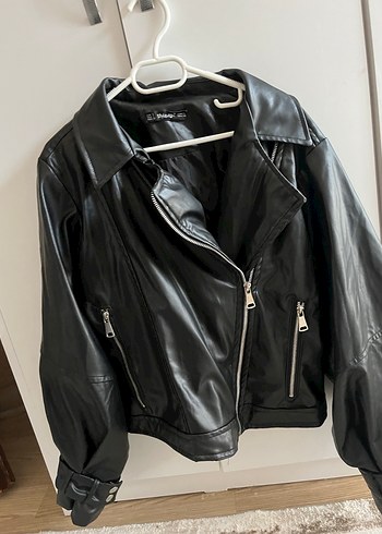 Siyah Deri Biker Ceket, Fermuarlı, Dar Kesim