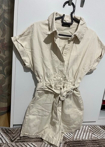 Kemerli Kısa Keten Tulum - Görsel 2